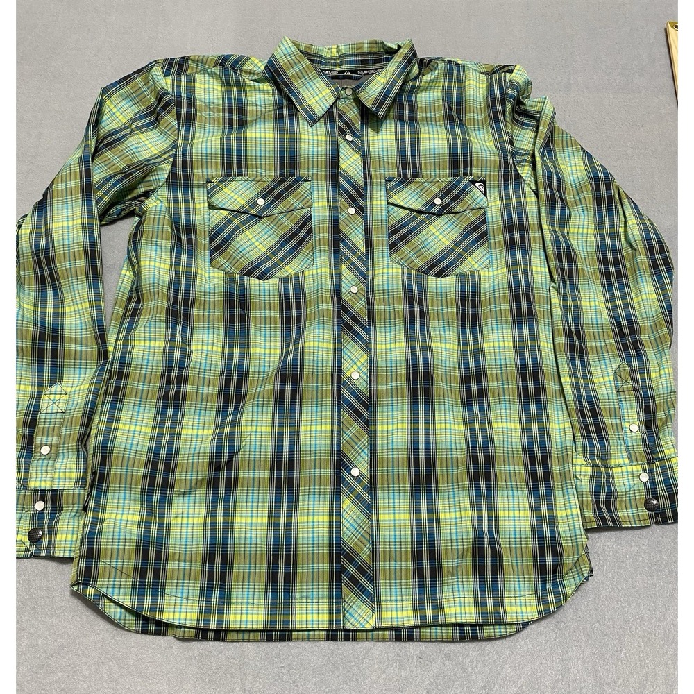 Quiksilver Western Shirt Mens Small Blue Green Plaid Long Sleeve Pearl Snap Surf